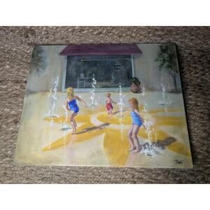 Beautiful "Children At The Fountain Play" Colorful Bali Hand Painted 16"x20"